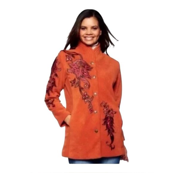 Bob Mackie Burnt Orange Button Fleece Jacket Coat with Floral Embroidery Size XL - Picture 1 of 14